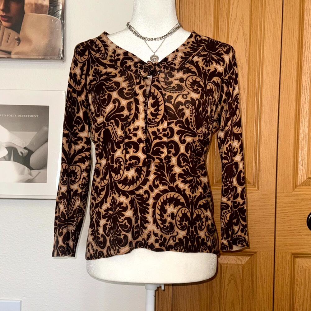Talbots Blouse Top Women’s Medium Brown Tan Paisley Silk Long‎ Sleeve Tie Neck
